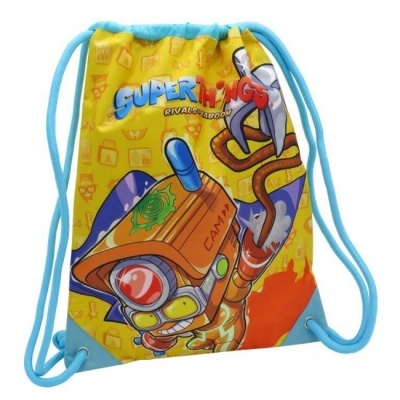 Mochila saco amarelo com cordões azuis e ilustração de personagem Super Things