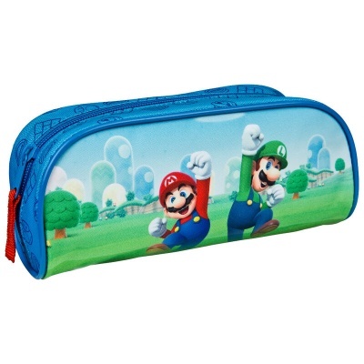 Estojo escolar azul com imagem de Mario e Luigi