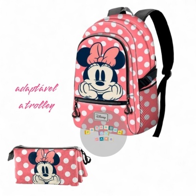 Mochila rosa com bolinhas brancas e imagem da Minnie com estojo correspondente