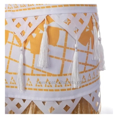 Abajur tecido amarelo e branco com franjas brancas