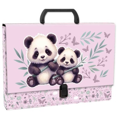 Mala rosa com pandas ilustrados segurando ramos e padrão floral