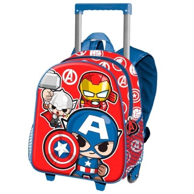 Mochila de rodinhas infantil vermelha e azul com personagens da Marvel em estilo cartoon.