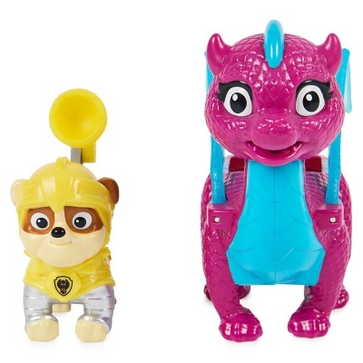 Duas figuras de brinquedo, uma personagem canina com capacete amarelo e um dragão rosa com barriga azul.