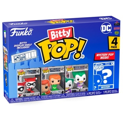 Caixa azul com quatro figuras Funko Pop Bitty da DC e texto indicando 