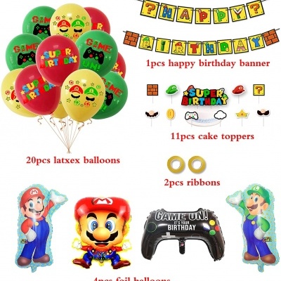 Conjunto de decoração de festa Super Mario com balões coloridos, faixa de feliz aniversário e toppers para bolo