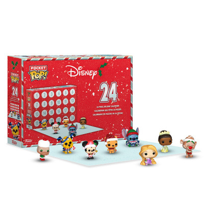 Caixa vermelha de calendário do advento Disney Pocket Pop! com 24 peças e figuras pequenas de personagens Disney no estilo pop.
