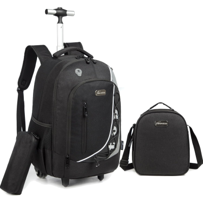 Conjunto mochila com rodas, estojo e mala de ombro pretos com detalhes cinza