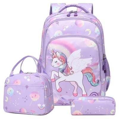 Mala escolar lilás com unicórnio, bolsa e estojo