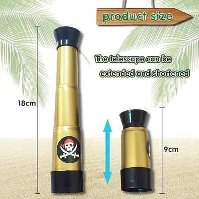 Telescópio dourado e preto com adesivo de caveira pirata e indicação de tamanhos