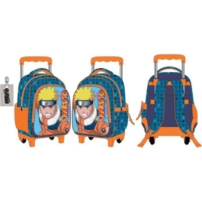 Mochila azul e laranja com imagem e texto Naruto com carrinho integrado e rodas.