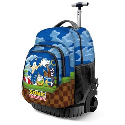 Mochila de rodinhas azul e castanha com estampa do Sonic the Hedgehog