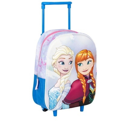 Mala de viagem azul com personagens Elsa e Anna do Frozen