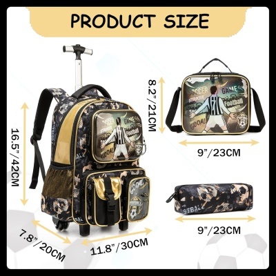 Conjunto de mochila de carrinho, bolsa e estojo com padrão camuflado e ilustrações de futebol