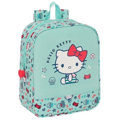 Mochila azul clara com Hello Kitty e desenhos marinhos