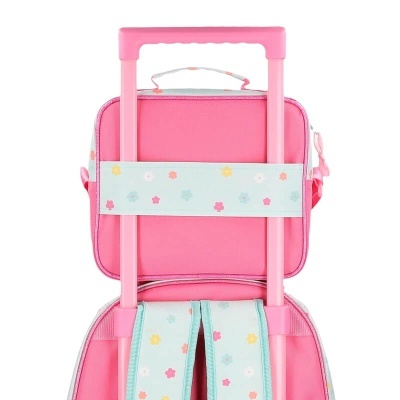 Mala escolar rosa com padrão floral e alças ajustáveis