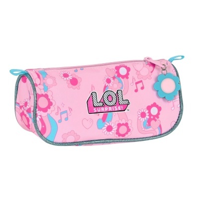 Estojo escolar rosa com padrão de flores, corações, notas musicais e texto LOL SURPRISE