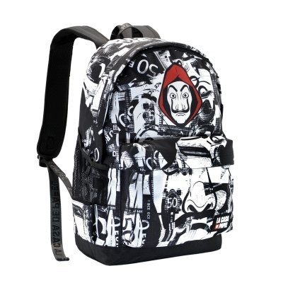 Mochila preta e branca com padrão gráfico e rosto estilizado na frente