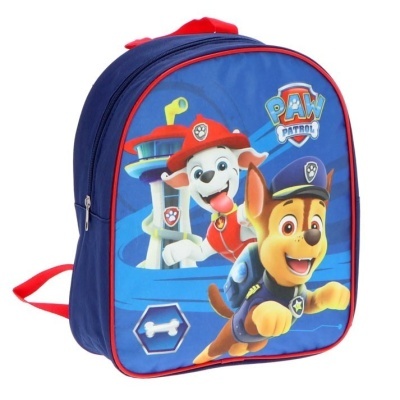 Mochila azul com imagem dos personagens da Patrulha Pata e detalhes vermelhos