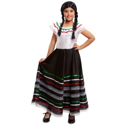 Criança com vestido tradicional mexicano de saia preta com faixas coloridas e blusa branca com babados