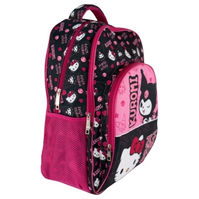 Mochila infantil preta e rosa com padrões Hello Kitty e Kuromi.
