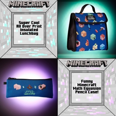 Lancheira e estojo azul com estampas Minecraft e personagens pixelizados