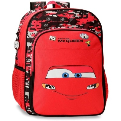 Mochila infantil vermelha e preta com personagem Lightning McQueen e padrão pixelado