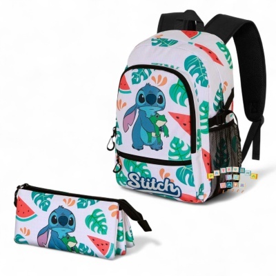 Mochila e estojo escolares com design de Stitch, folhas verdes e melancias em fundo branco