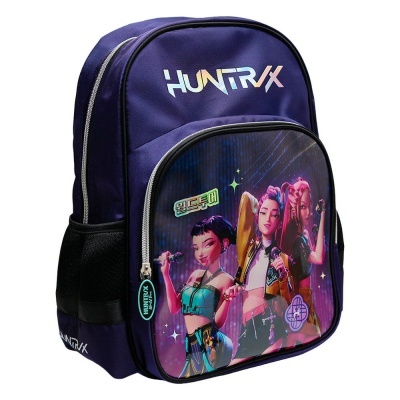 Mochila roxa HUNTRIX com personagens animadas no bolso frontal