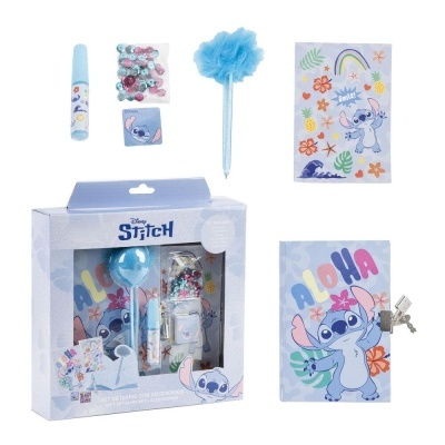 Conjunto de papelaria Disney Stitch com caderno, caneta com pompom, autocolantes, carimbo e bloco de notas