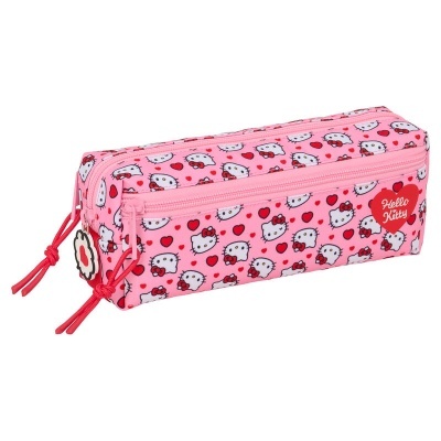 Estojo rosa com padrão Hello Kitty e corações, fechos rosa e etiqueta Hello Kitty em coração vermelho.