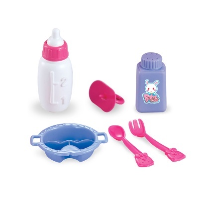 Conjunto de acessórios de brinquedo para bebé com mamadeira, prato, colher, garfo, biberão e chupeta