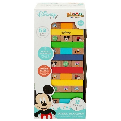 Torre de blocos Disney com 52 peças em madeira colorida com personagens Mickey, Minnie e Pateta