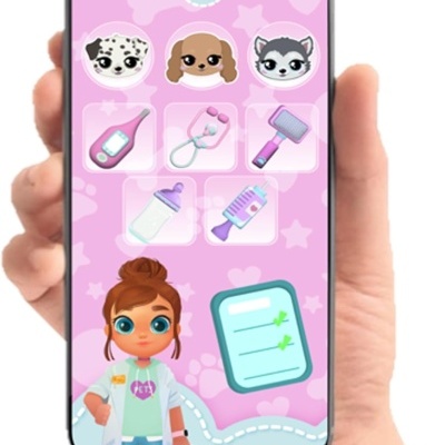 Aplicação infantil de cuidados de animais num telemóvel com ícones e personagens coloridas