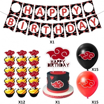 Conjunto de decoração de aniversário com bandeirola, cupcakes, bolo e balões com motivos de nuvens vermelhas.