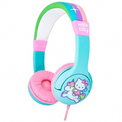 Auriculares em plástico azul e rosa com personagens Hello Kitty e unicórnio
