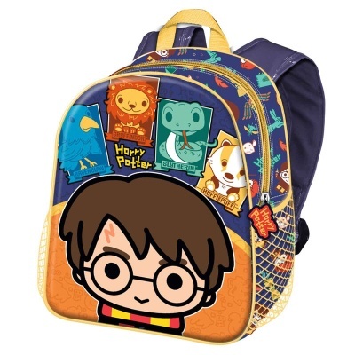 Mochila infantil colorida Harry Potter com personagens e alças roxas