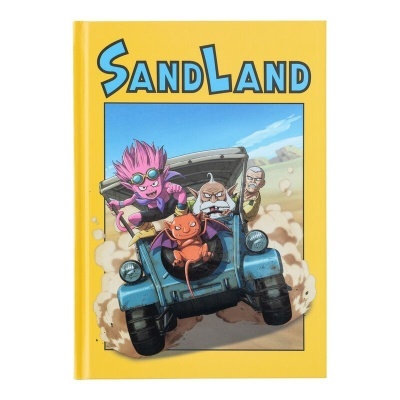 Livro capa dura amarelo Sandland com ilustração personagens no carro