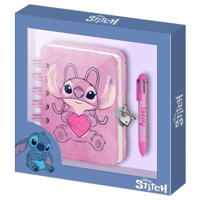 Conjunto diário rosa peludo e caneta rosa da Disney Stitch