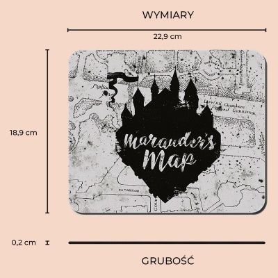Prancha retangular Marauder's Map com fundo de mapa antigo e medidas indicadas