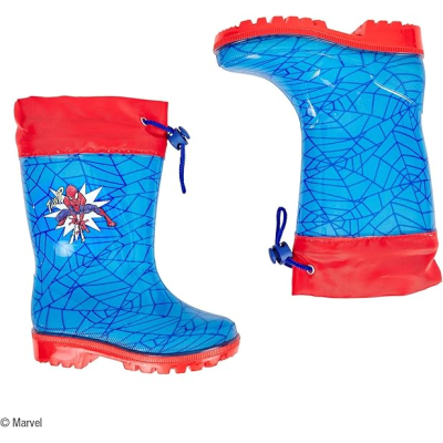 Botas de chuva infantis azul com padrão de teia preta e detalhes vermelhos, com imagem do Spider-Man