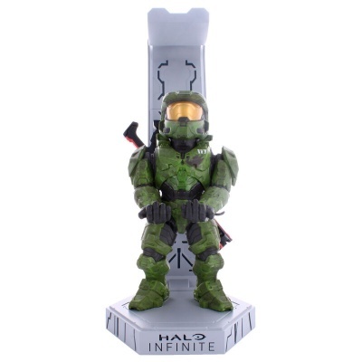 Figura colecionável do jogo Halo Infinite com armadura verde e base cinzenta