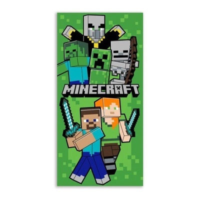 Toalha Minecraft verde com personagens pixelizados e texto MINECRAFT