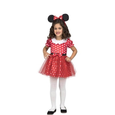 Criança com fato de Minnie Mouse vermelho às bolinhas brancas e acessórios