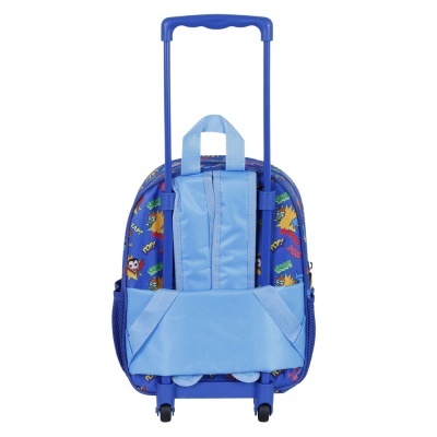 Mochila infantil azul com padrão de dinossauros e carrinho com rodas