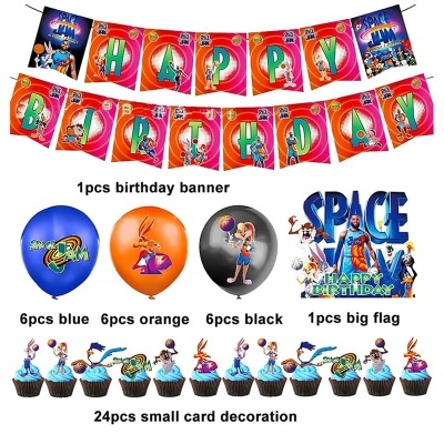 Conjunto de decoração de aniversário tema Space Jam incluindo faixa, balões e decorações para bolos.