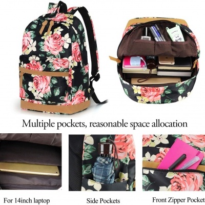Mochila floral preta com vários bolsos e compartimentos