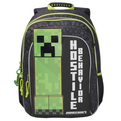 Mochila Minecraft preta com detalhes verdes e imagem de Creeper