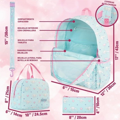 Conjunto mochila, bolsa e carteira azul claro com padrão de coelhinho e corações