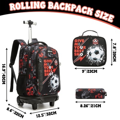 Conjunto escolar mochila de rodas, lancheira e estojo com tema futebol