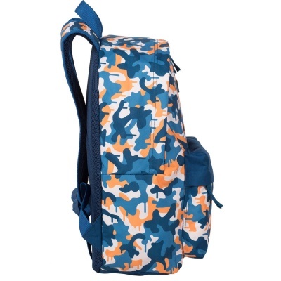Mochila camuflada azul, laranja e branco vista lateral